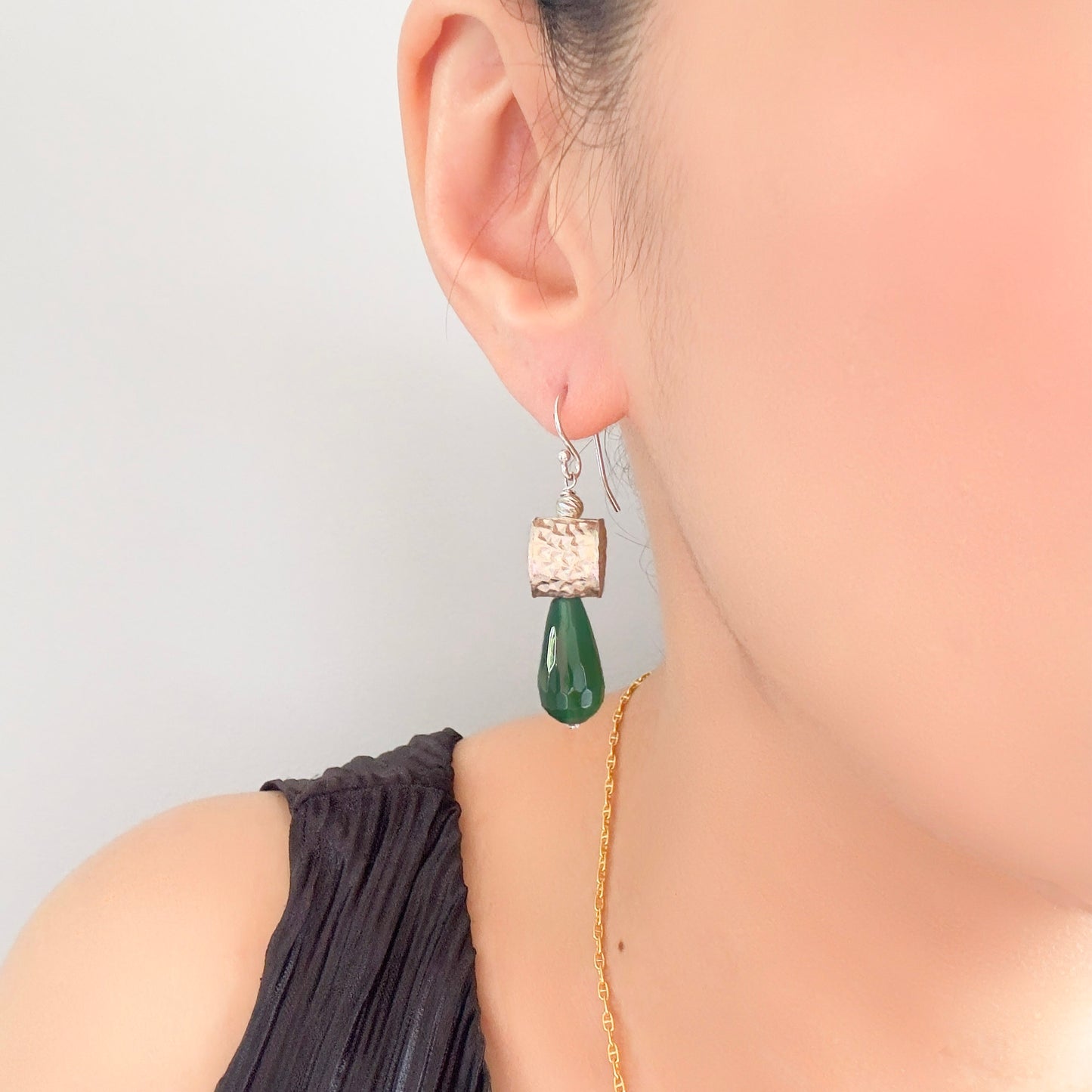 Strength Earrings with Green Onyx and Silver Hammer Bead