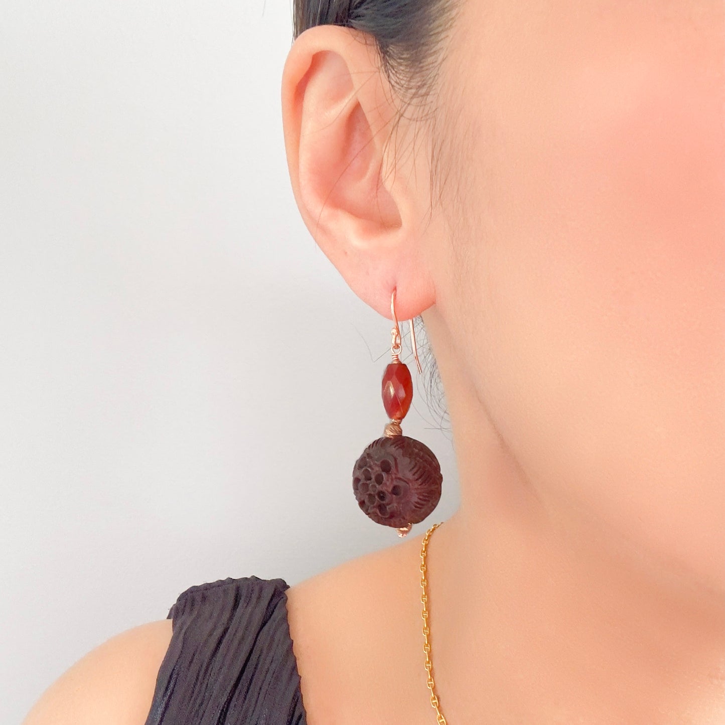 The Renewal Earrings with Wood Carving Bead, Carnelian and Rose Gold