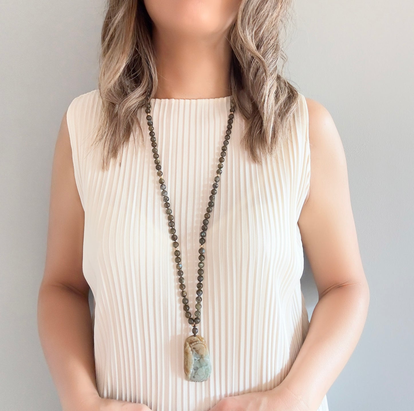 Transforming Necklace with Labradorite and Burma Jade Fish Pendant
