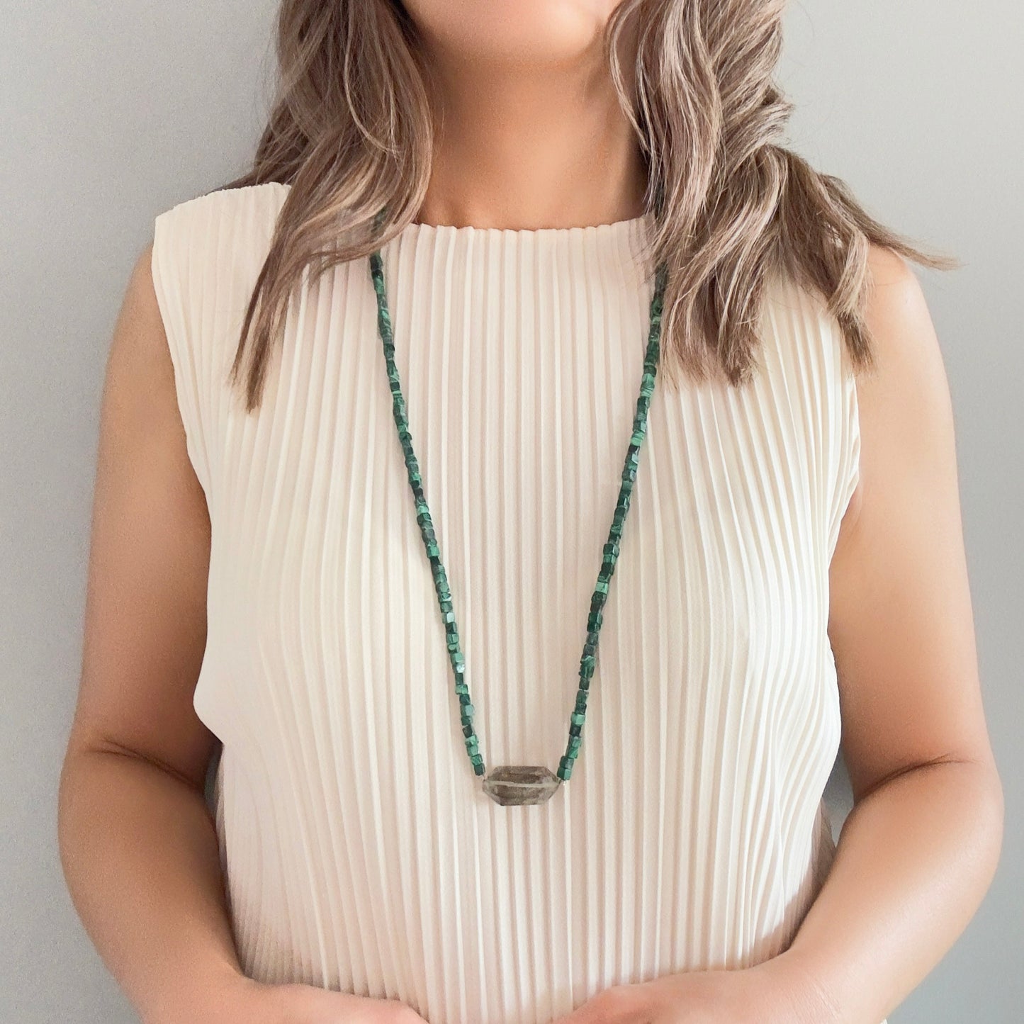 Transforming Necklace With Malachite and Rutilated Quartz