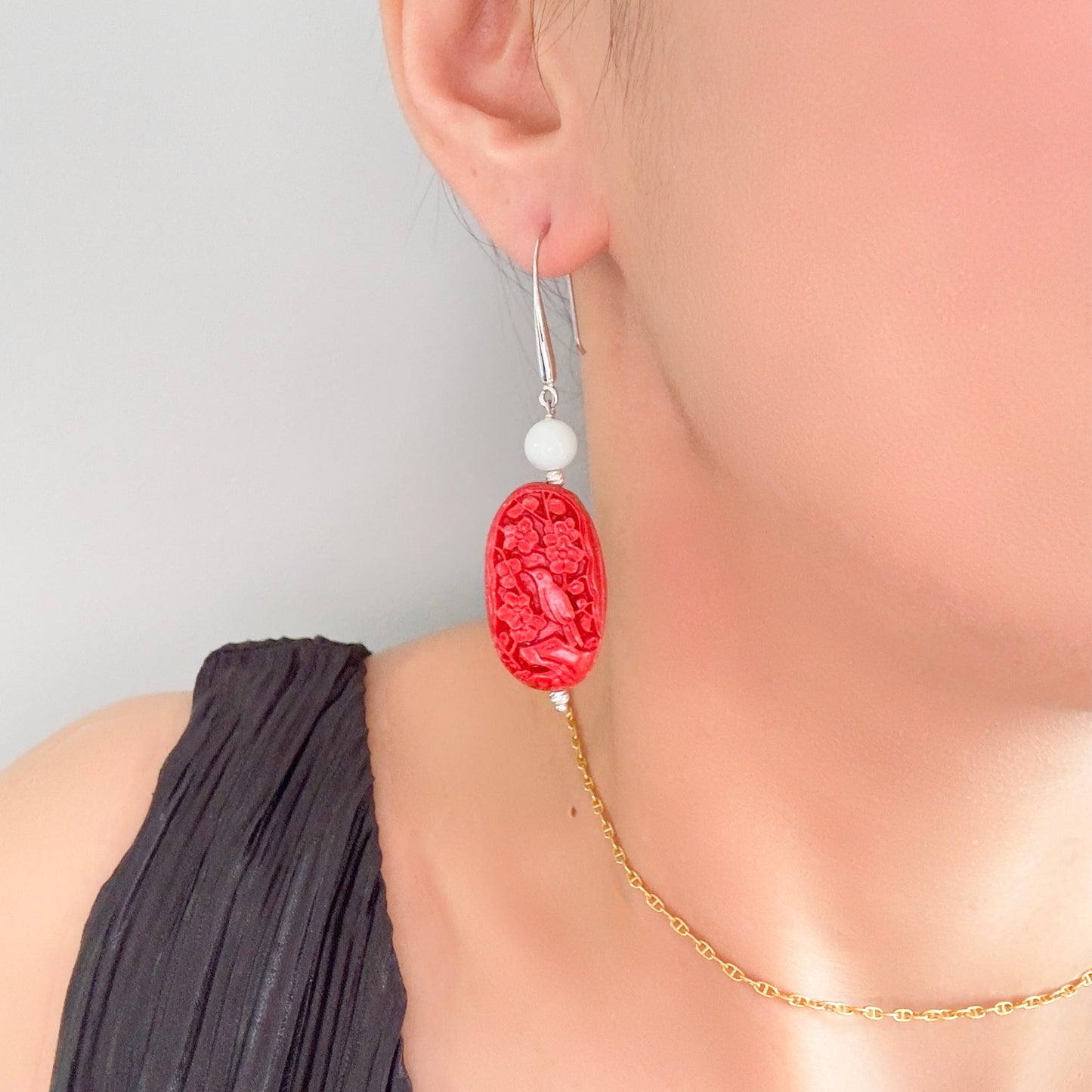 Warmth Earring with Red Cinnabar Bird Carving and Green Burma Jade