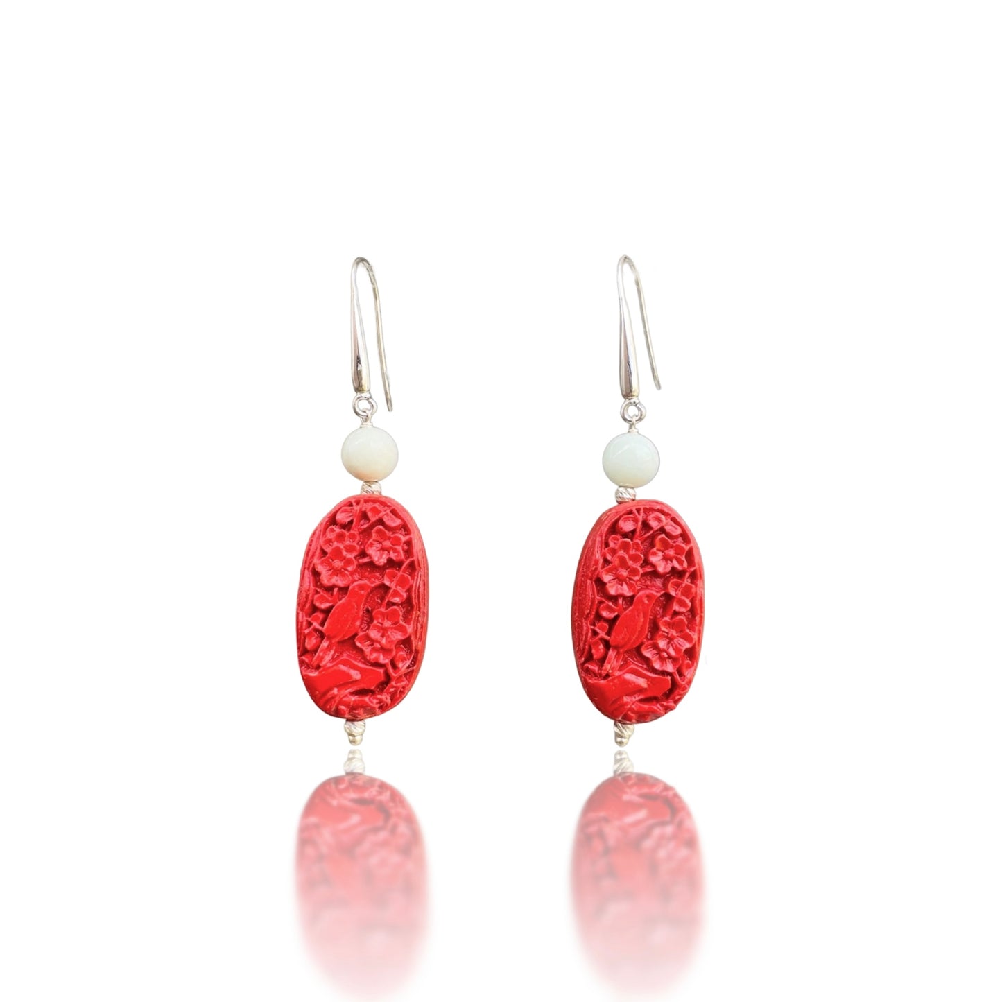 Warmth Earring with Red Cinnabar Bird Carving and Green Burma Jade