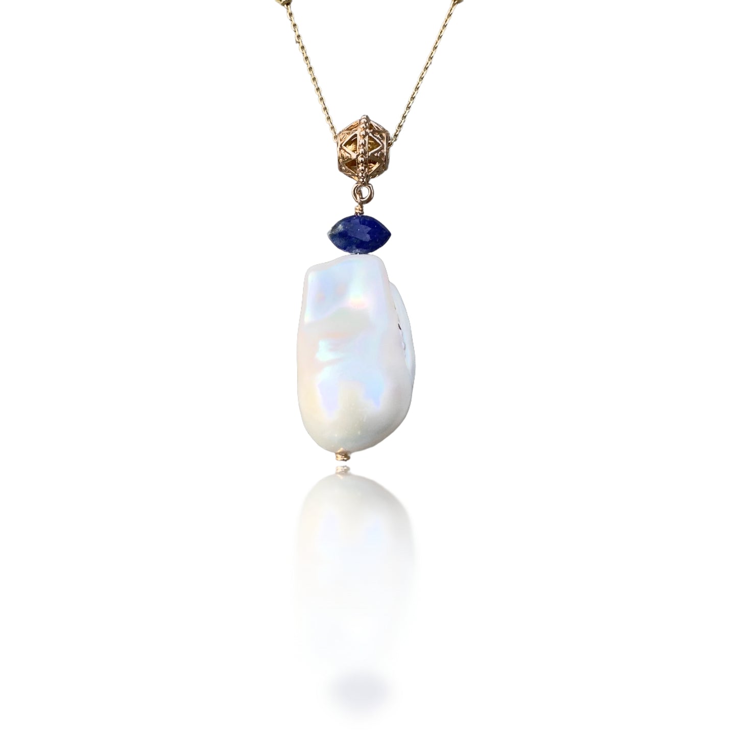 Inner Peace Pendant with White Baroque Pearl and Lapis
