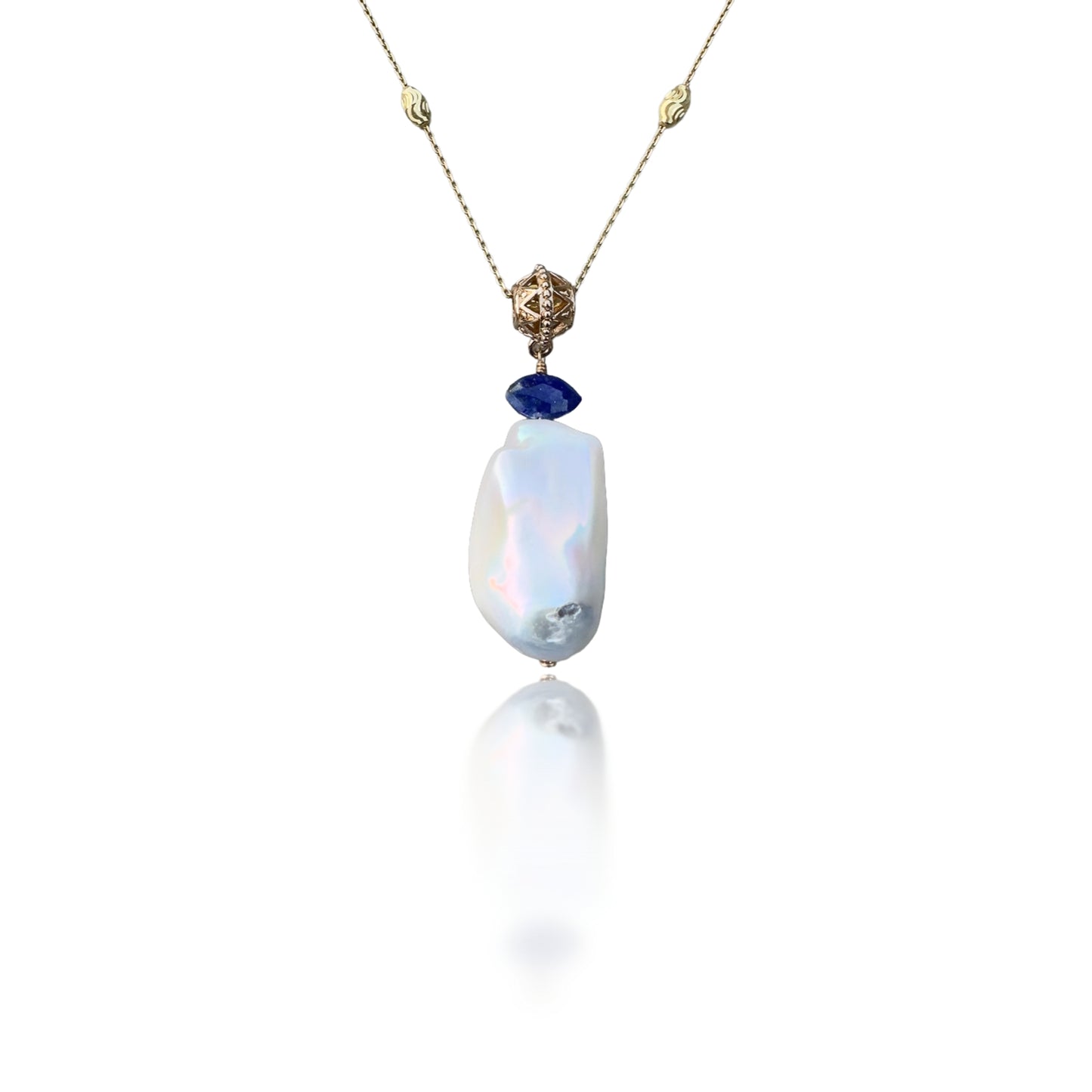 Inner Peace Pendant with White Baroque Pearl and Lapis