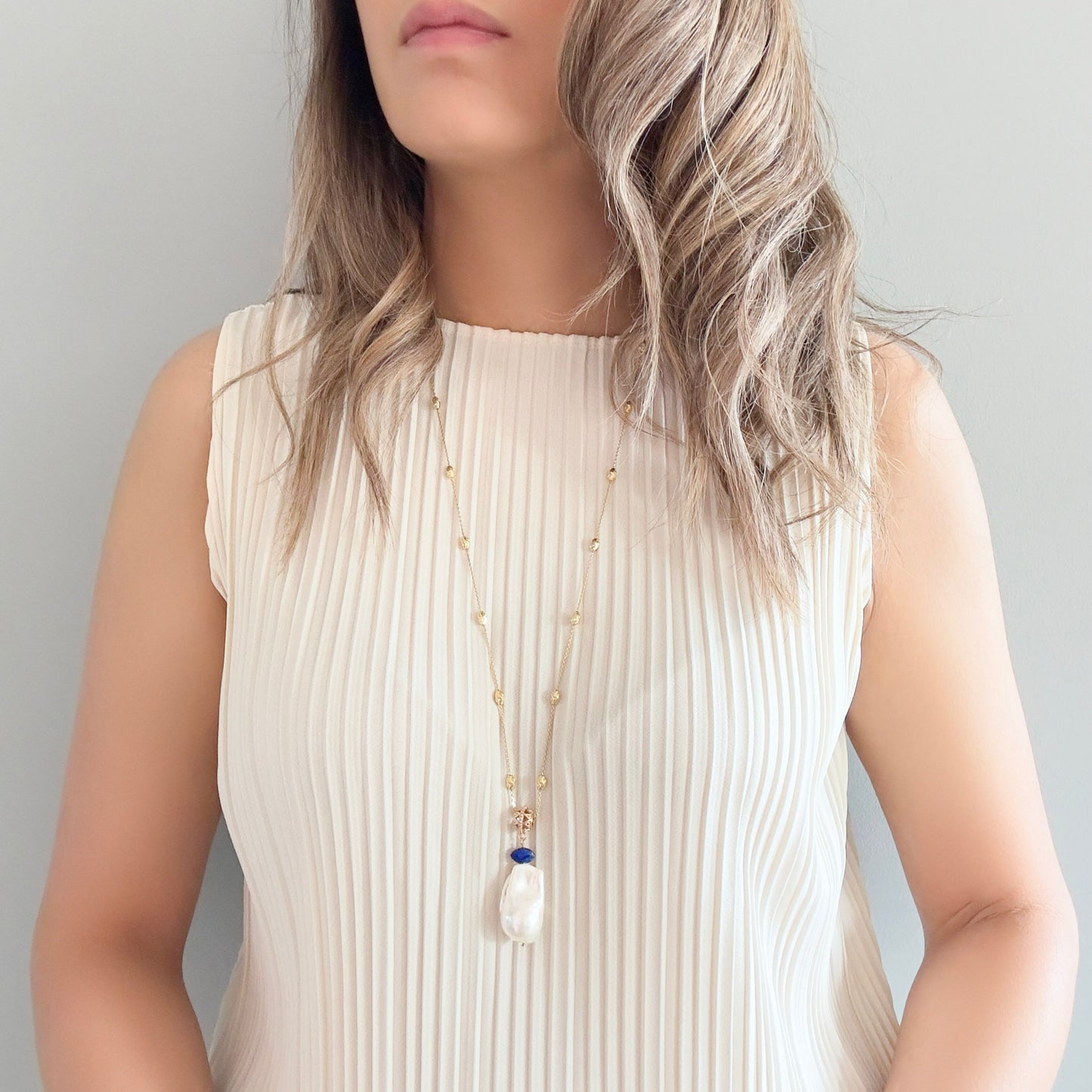 Inner Peace Pendant with White Baroque Pearl and Lapis