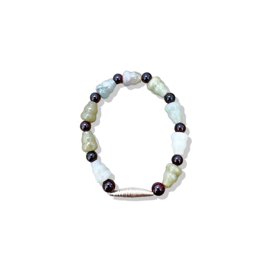 Abundance Bracelet with Green Jade Gourd Carving, Granet and Pure Silver Bead