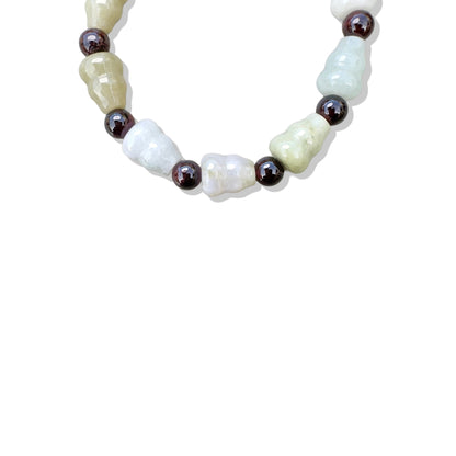Abundance Bracelet with Green Jade Gourd Carving, Granet and Pure Silver Bead