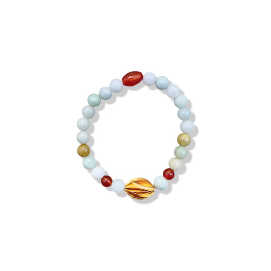 Abundance Bracelet with Green Burma Jade, Yellow Gold Bead and Carnelian