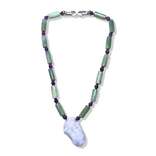 Abundance Necklace with Amethyst and Green Burma Jade Qilin (麒麟)  Pendant