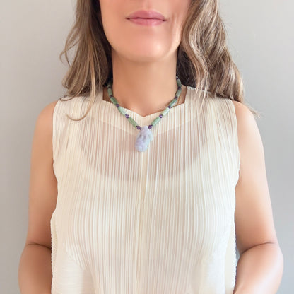 Abundance Necklace with Amethyst and Green Burma Jade Qilin (麒麟)  Pendant