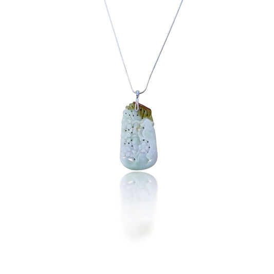 Abundance Pendant with Grade A Burma Jade Parrot and Cherry Blossom Carving