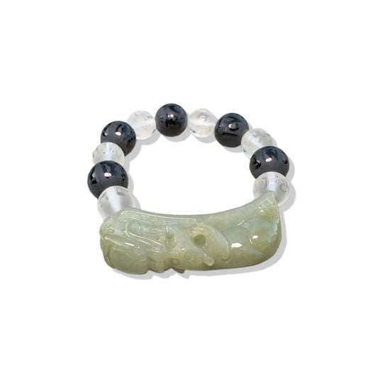 Balance bangle with Black ,Clear agate and Burma Jade Pi Xiu (貔貅) Carving