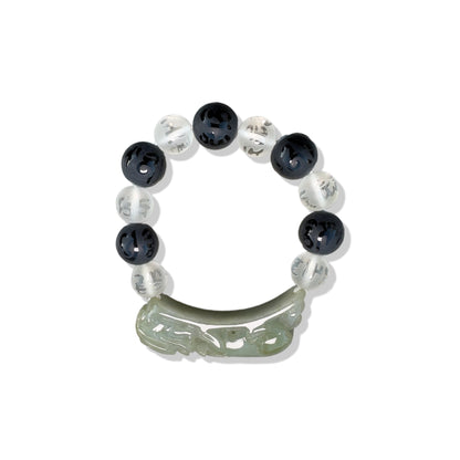 Balance bangle with Black ,Clear agate and Burma Jade Pi Xiu (貔貅) Carving