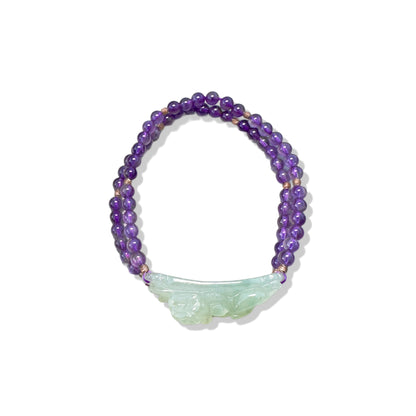 Calming Bangle with Amethyst and Burma Jade Pi Xiu (貔貅)  Carving