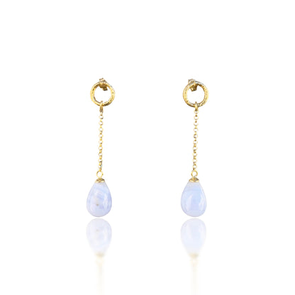 Calming Earrings with Blue Lace Agate and Yellow Gold Chain