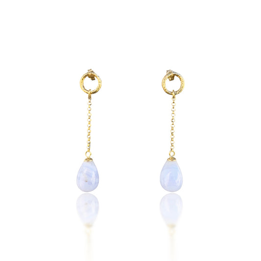 Calming Earrings with Blue Lace Agate and Yellow Gold Chain