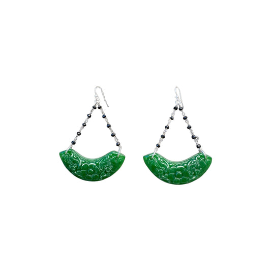 Chandelier Earrings with Green Jade Carving and Black Spinel