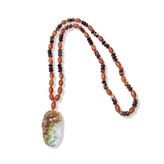 Courage Necklace with Carnelian, Lace Agate and Burma Jade Monkey Pendant