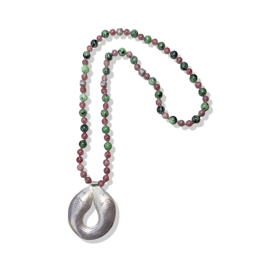Courage Necklace with Ruby Zoisite, Strawberry Quartz and Pure Silver Double Fish Pendant