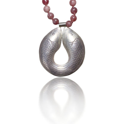 Courage Necklace with Ruby Zoisite, Strawberry Quartz and Pure Silver Double Fish Pendant