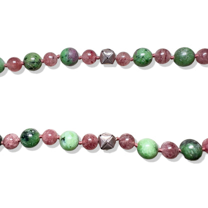 Courage Necklace with Ruby Zoisite, Strawberry Quartz and Pure Silver Double Fish Pendant