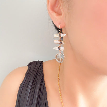 Fish Bone Earrings with Clear Quartz, Biwa Pearl, Iolite