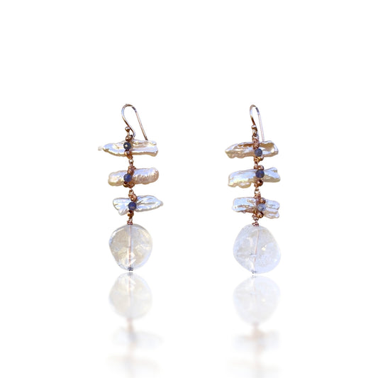 Fish Bone Earrings with Clear Quartz, Biwa Pearl, Iolite