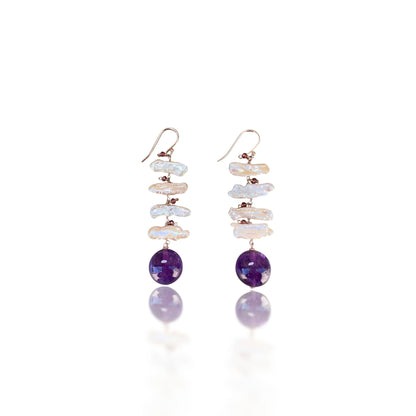 Fish Bone Earrings with Amethyst, Biwa Pearl, Pink Tourmaline