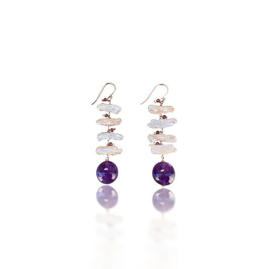 Fish Bone Earrings with Amethyst, Biwa Pearl, Pink Tourmaline