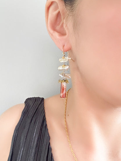 Fish Bone Earrings with Orange Agate, Biwa Pearl, Yellow Opal