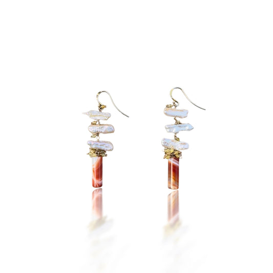 Fish Bone Earrings with Orange Agate, Biwa Pearl, Yellow Opal