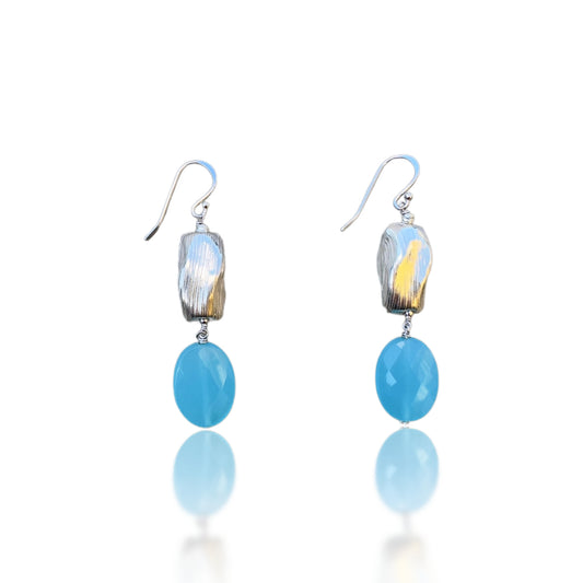Harmony Earrings with Blue Chalcedony and Pure Silver Carving Bead