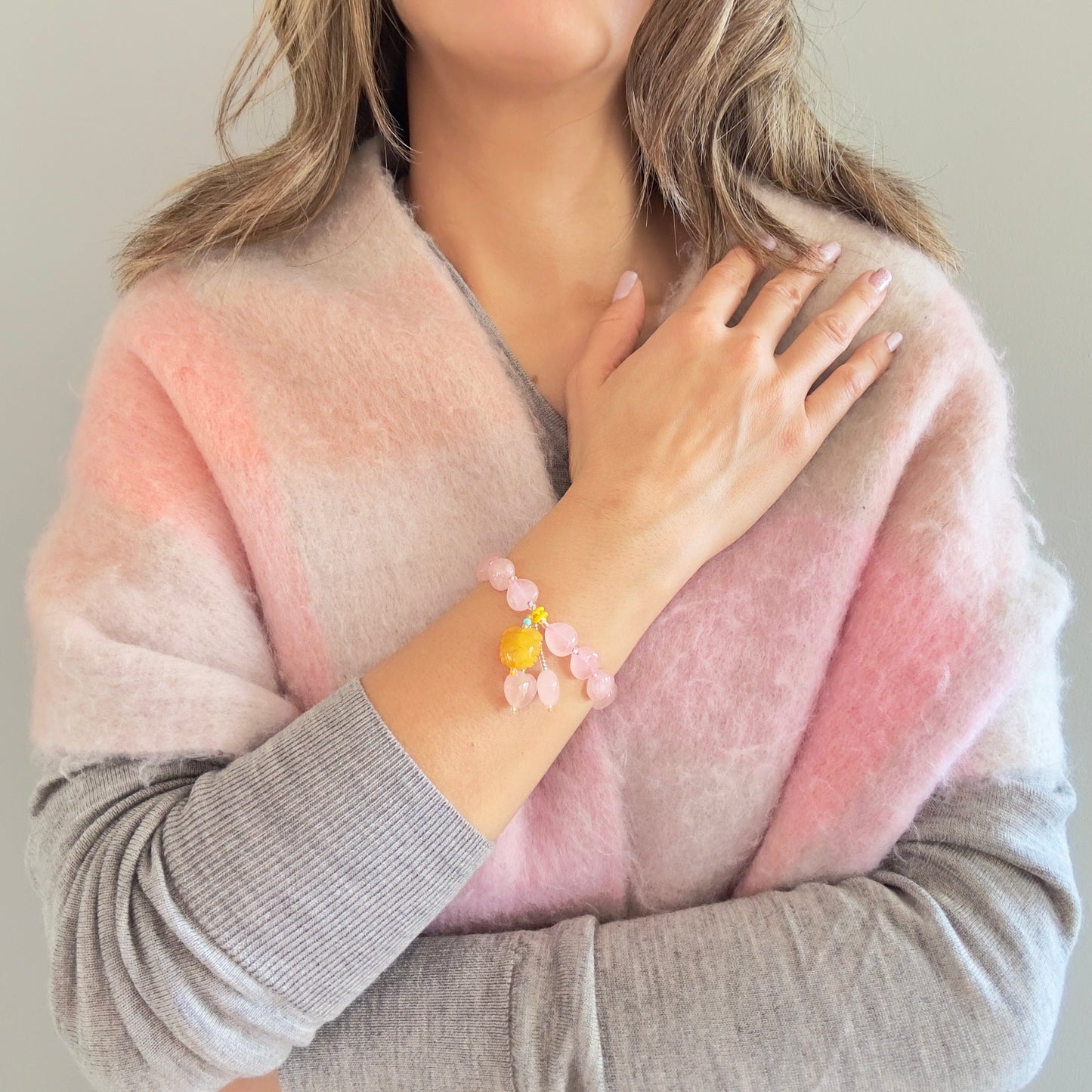 Grace & Joy Bracelet – Rose Quartz Heart & Citrine Carved Beads