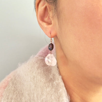 Grace & Tender Light Earrings – Rose Quartz & Peacock Freshwater Pearl Drops