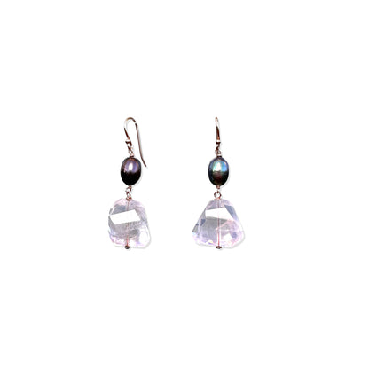Grace & Tender Light Earrings – Rose Quartz & Peacock Freshwater Pearl Drops