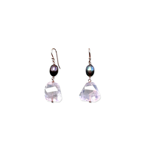 Grace & Tender Light Earrings – Rose Quartz & Peacock Freshwater Pearl Drops