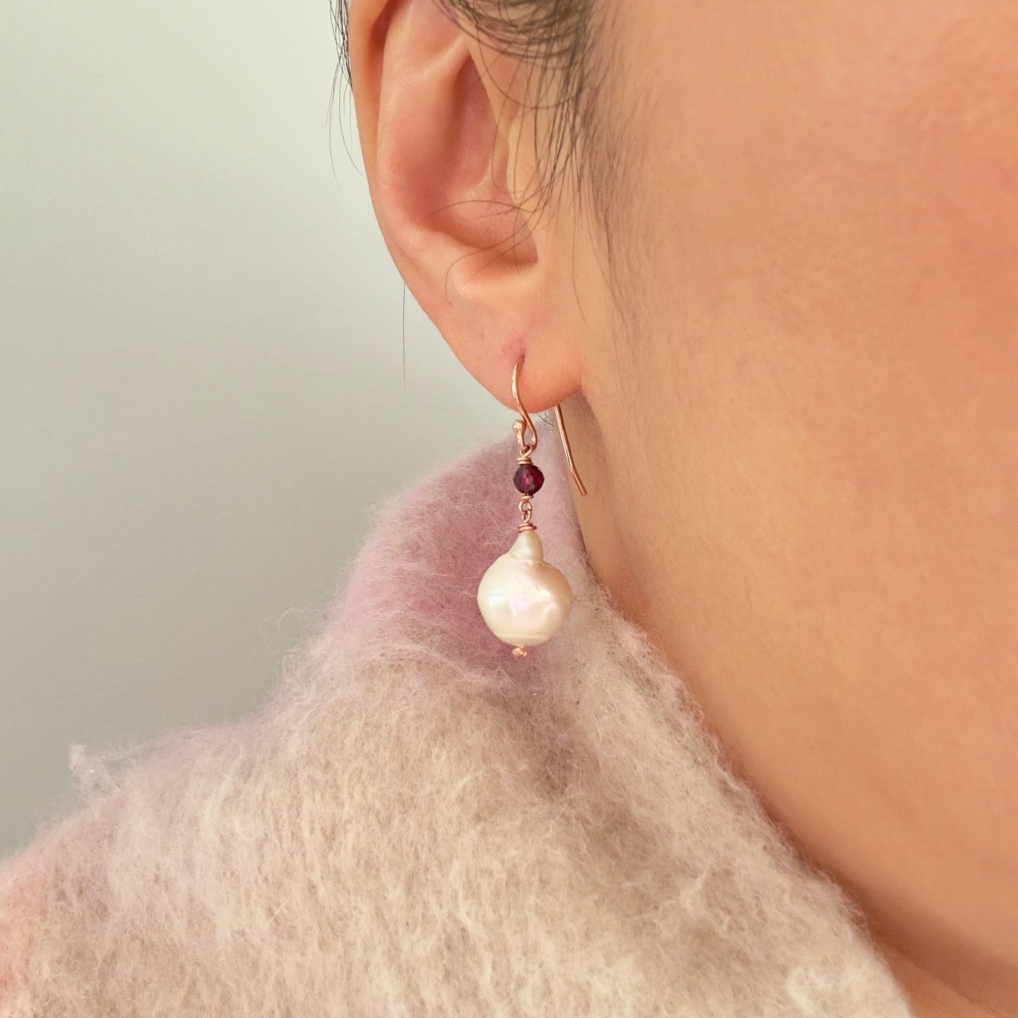 Grace & Vitality Earrings – Freshwater Pearl & Garnet in Rose Gold
