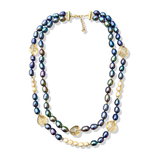 Inner Peace Double Strand Necklace with Pearl and Citrine