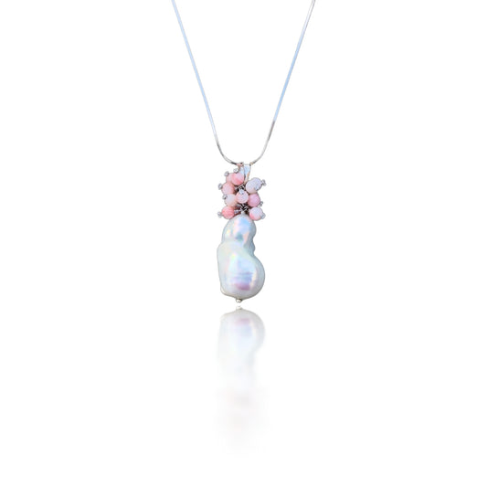 Inner Peace Cluster Pendant with White Baroque Pearl and Pink Opal