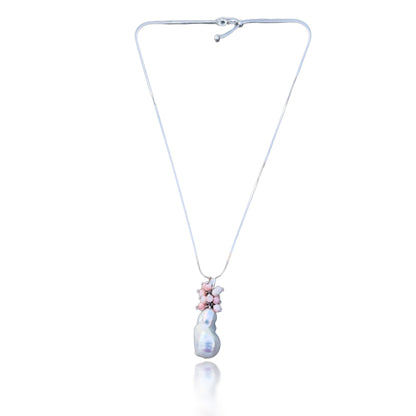 Inner Peace Cluster Pendant with White Baroque Pearl and Pink Opal