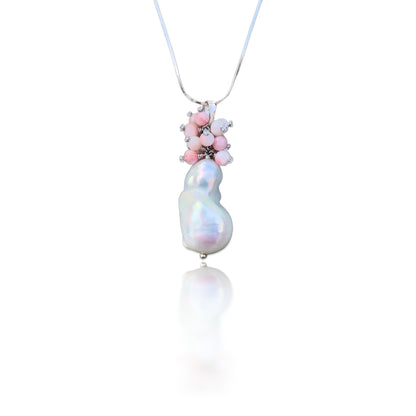 Inner Peace Cluster Pendant with White Baroque Pearl and Pink Opal