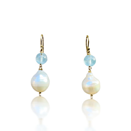 Inner Peace Earrings with White Baroque Pearl, Blue Topaz and Gold