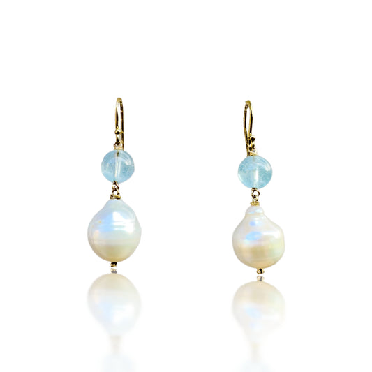Inner Peace Earrings with White Baroque Pearl, Blue Topaz and Gold