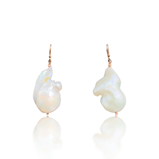 Inner Peace Earrings with White Baroque Pearl and Rose Gold