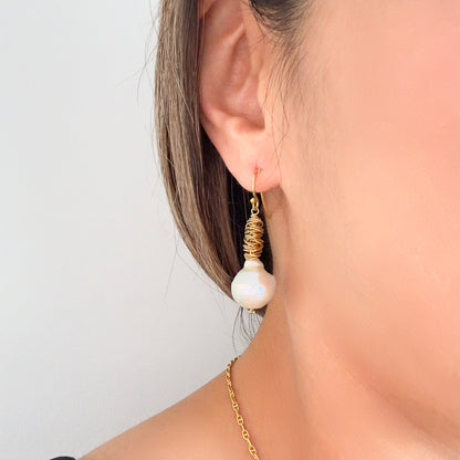 Inner Peace Earrings with White Baroque Pearl and Yellow Gold Wire Bead
