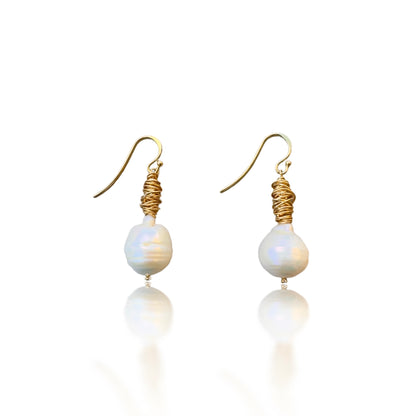 Inner Peace Earrings with White Baroque Pearl and Yellow Gold Wire Bead