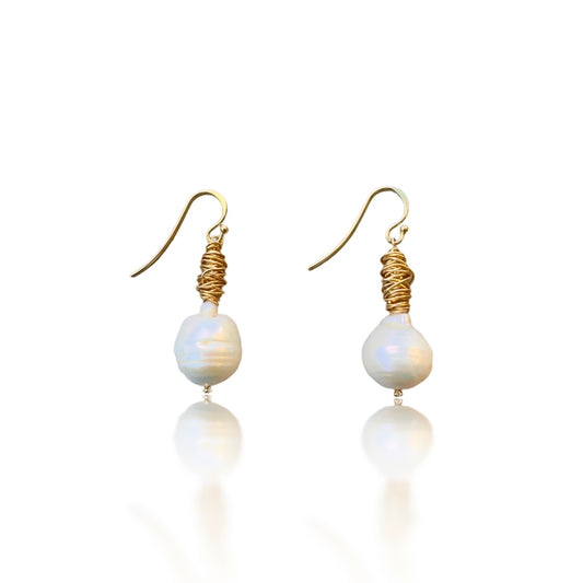 Inner Peace Earrings with White Baroque Pearl and Yellow Gold Wire Bead