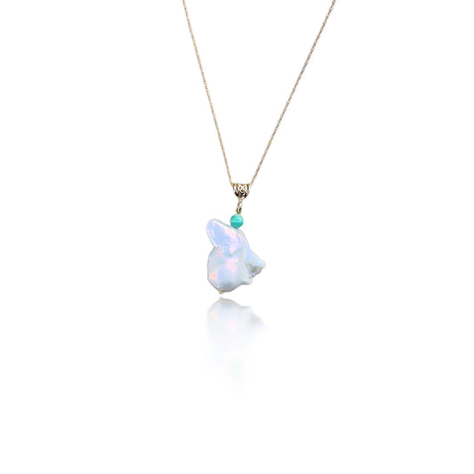 Inner Peace Pendant with White Baroque Pearl, Amazonite and Gold
