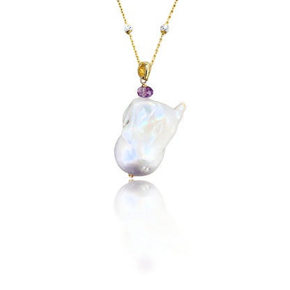 Inner Peace Pendant with White Baroque Pearl and Amethyst