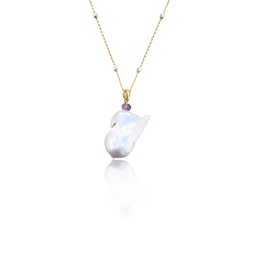 Inner Peace Pendant with White Baroque Pearl and Amethyst